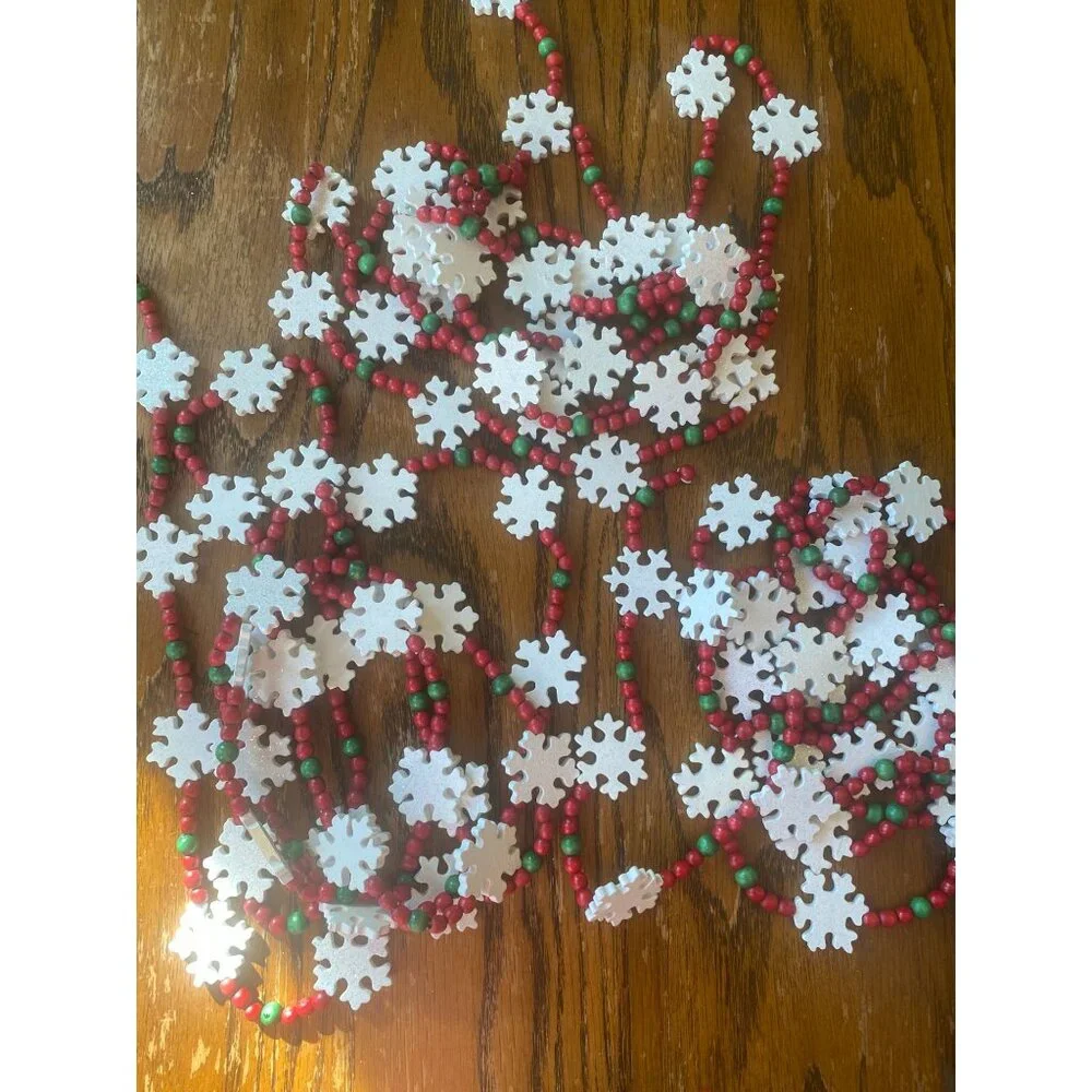 Vintage-Inspired Red & Green Wooden Bead Garland With White Glitter Snowflakes 9